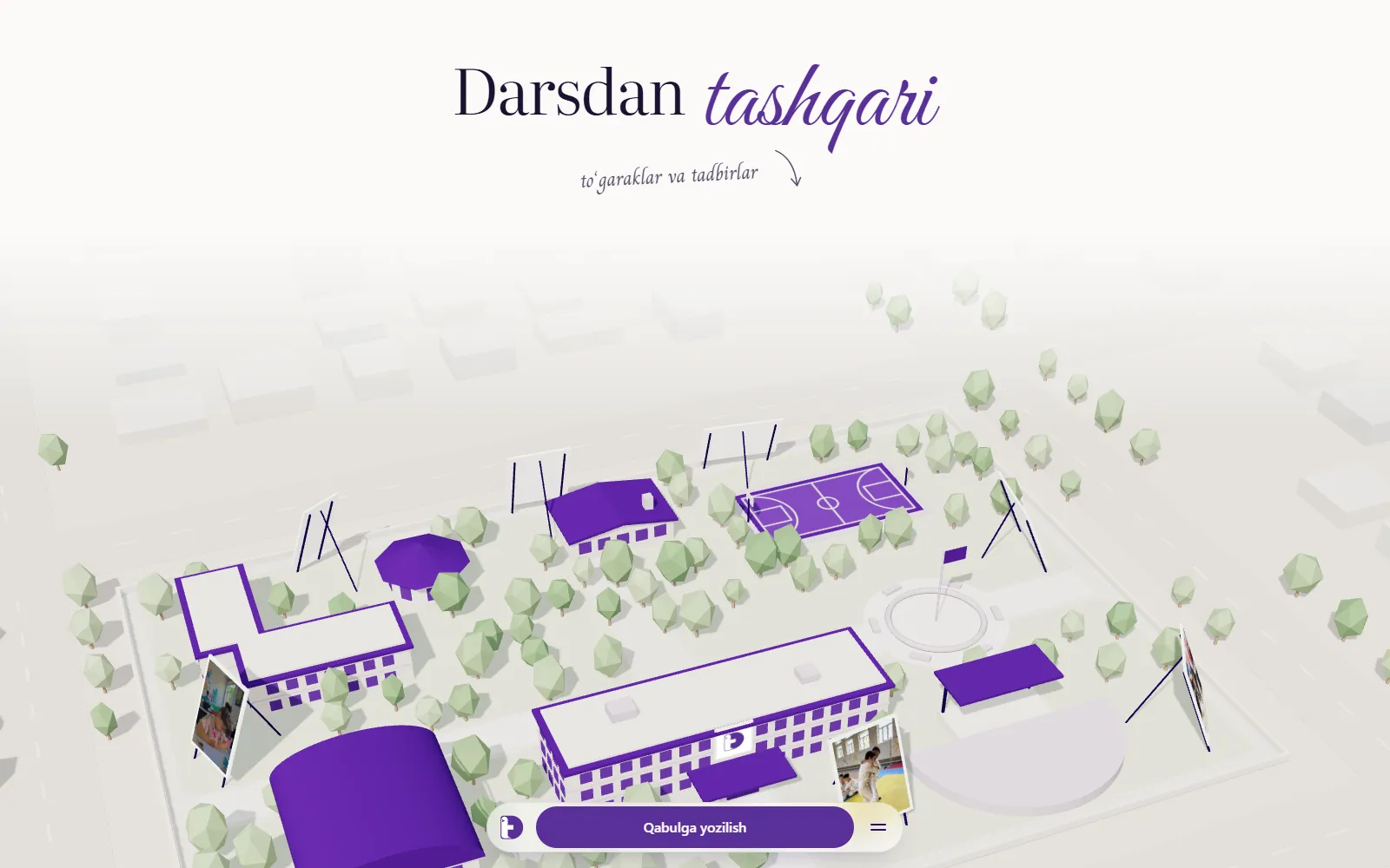 “Darsdan tashqari” boʻlimi: binafsha tomli binolar, maydonlar va daraxtlar bilan 3D maktab hududi.
