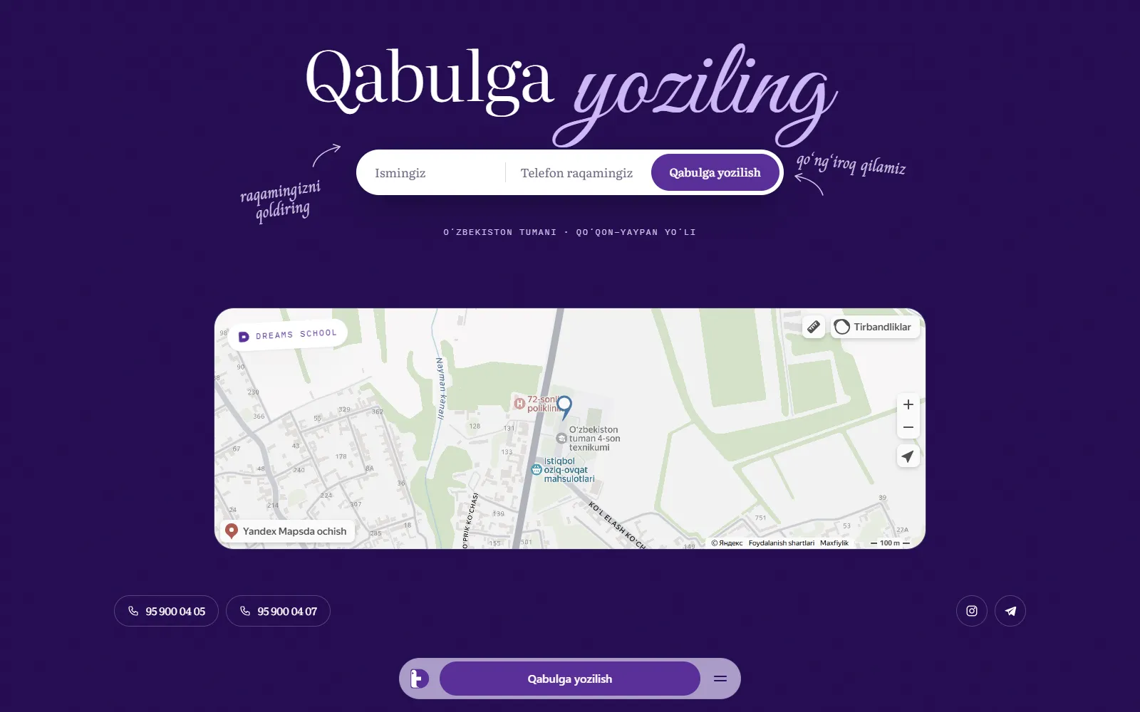 “Qabulga yoziling” boʻlimi: ism va telefon formasi, xarita va telefon raqamlari.