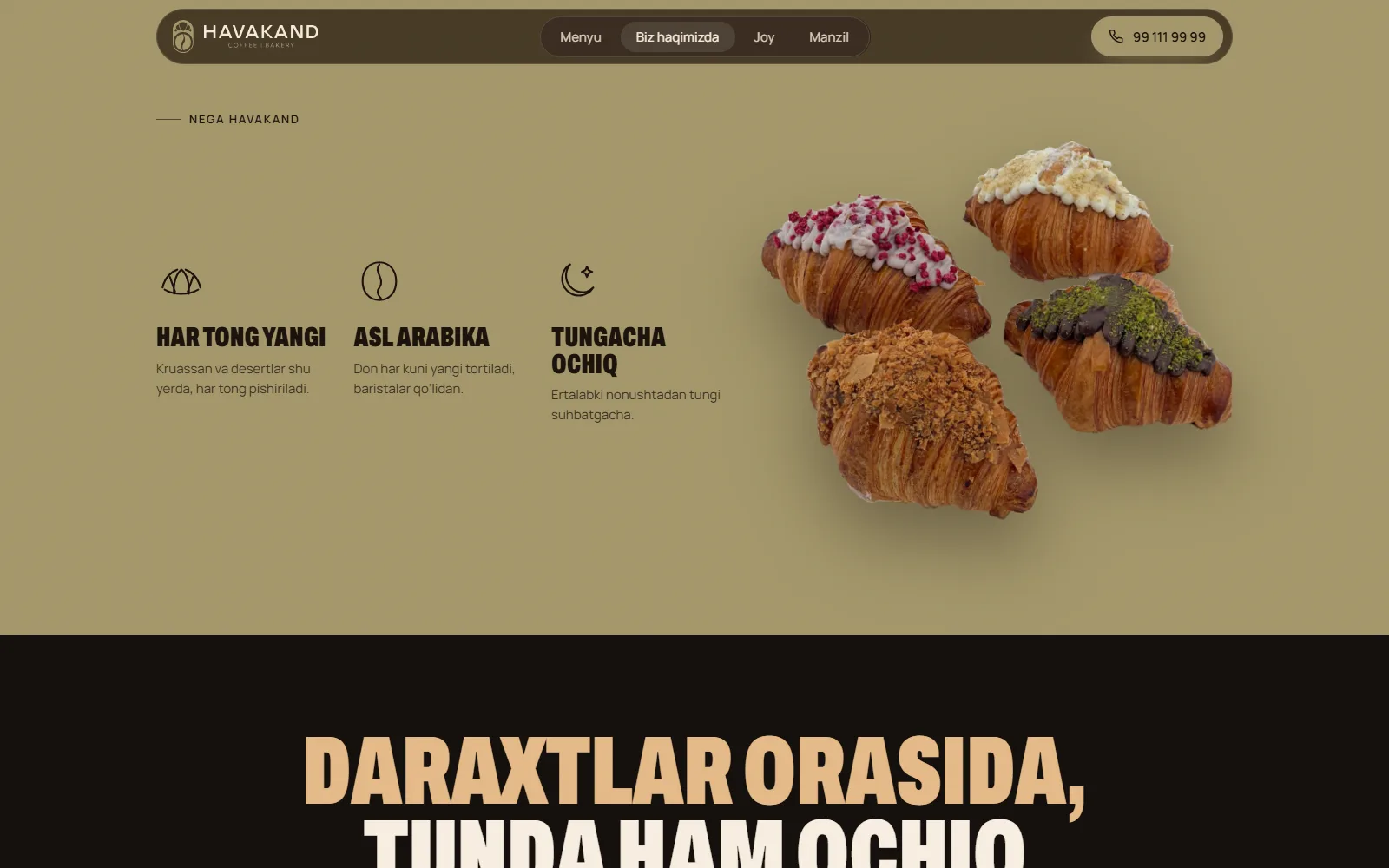 “Havakand afzalliklari” boʻlimi: har tong yangi, asl arabika va tungacha ochiq, yonida kruassanlar surati.