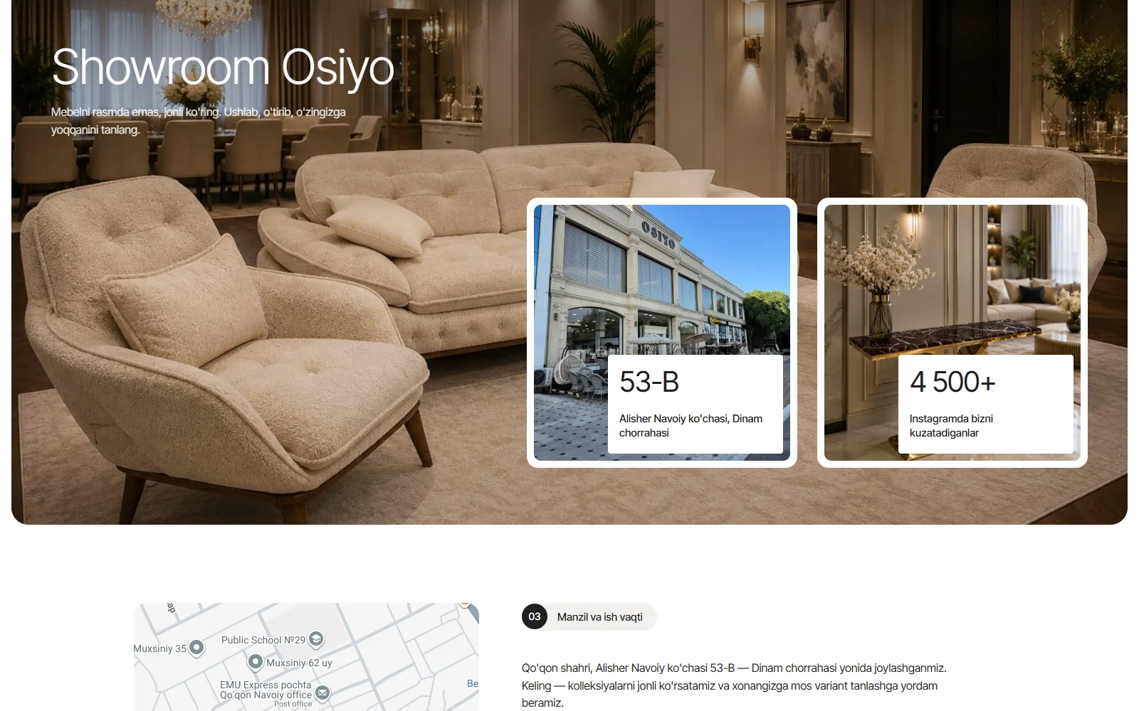 “Showroom Osiyo” boʻlimi: doʻkon binosi surati, 53-B manzil va Instagram kuzatuvchilari soni.