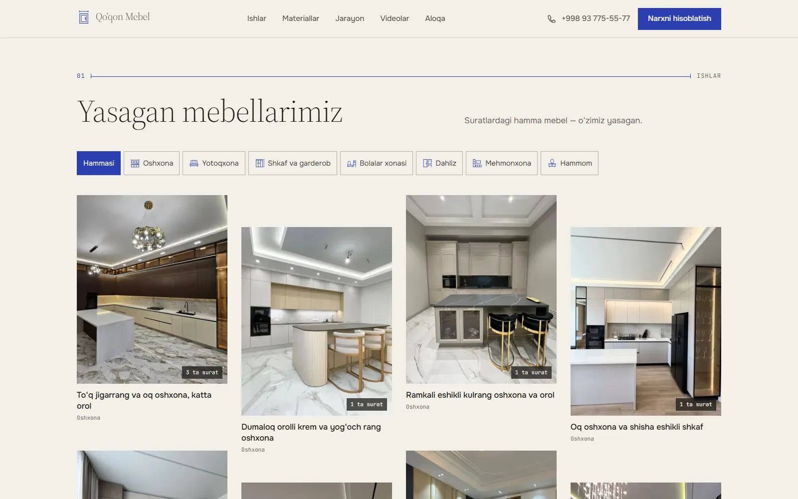 “Yasagan mebellarimiz” boʻlimi: xona turlari boʻyicha saralash tugmalari va oshxona suratlari.