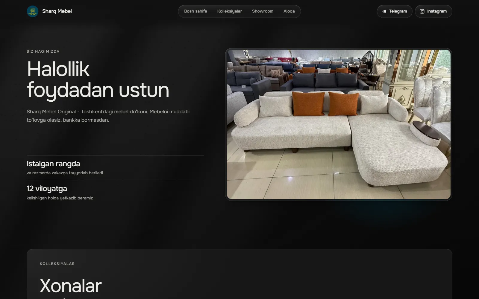 “Halollik foydadan ustun” boʻlimi: muddatli toʻlov haqida matn va doʻkondagi oq burchak divan surati.
